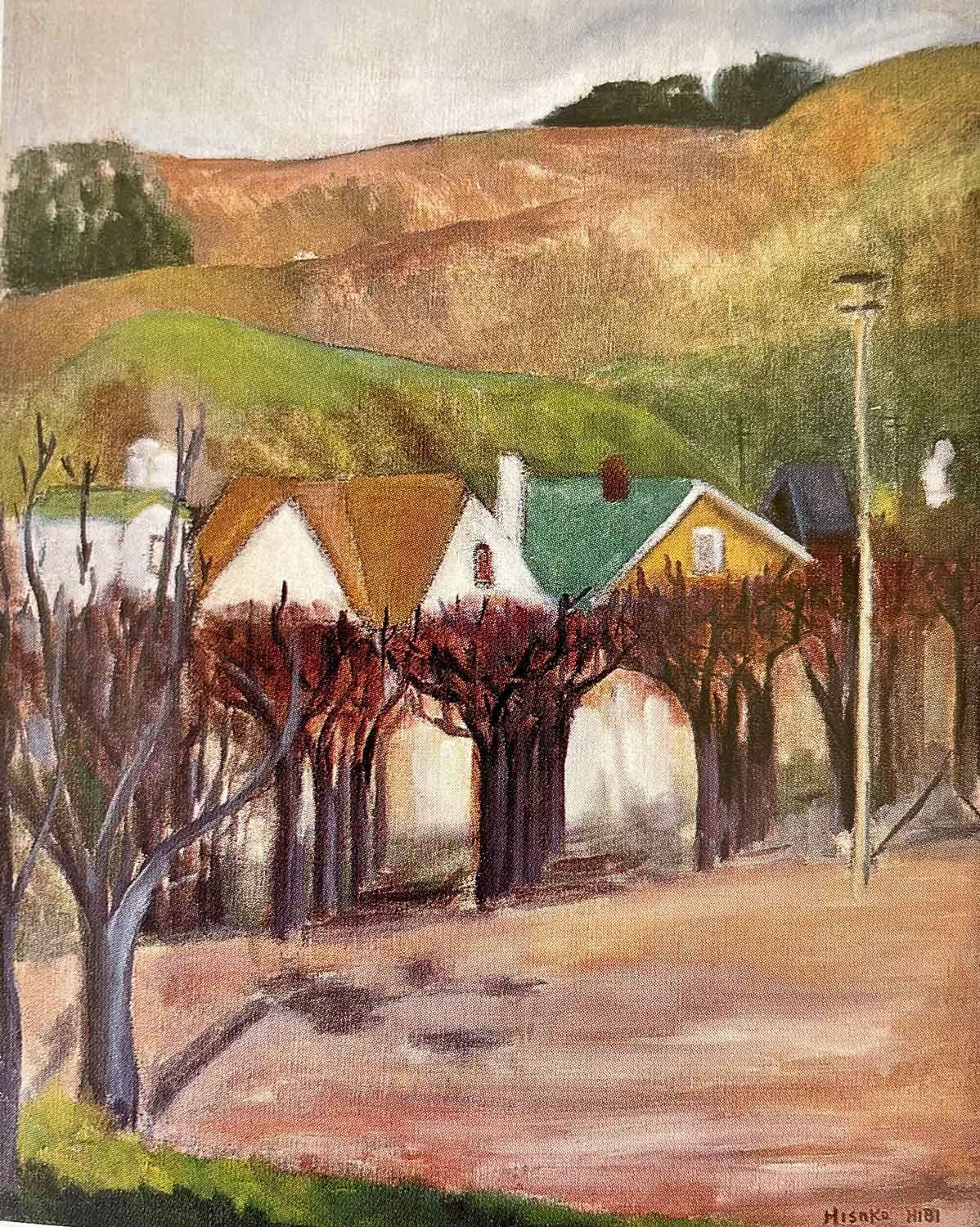 A painting titled "Apricot Trees Along Jackson Street" by Hisako Hibi.  It shows rows of bare trees in front of white-walled houses. In the background are green rolling hills. 