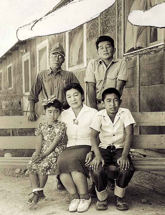 Five members of the Hibi family pose for a black and white photograph.