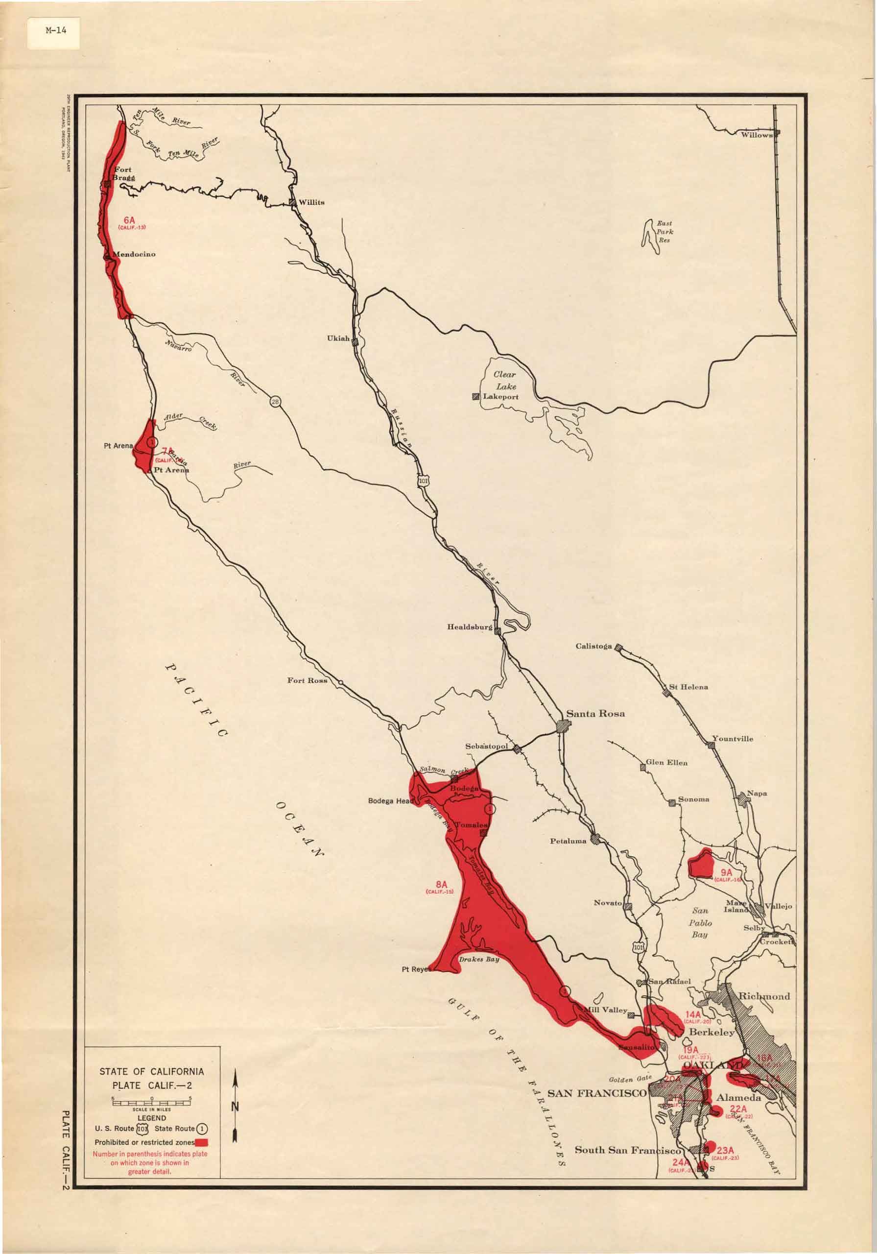 A 1943 map of the San Francisco Bay Are on yellowed paper entitled:  “State of California, Northern California coast, San Francisco to Fort Bragg prohibited or restricted zones,”. It shows "restricted zones" for Japanese Americans highlighted in red