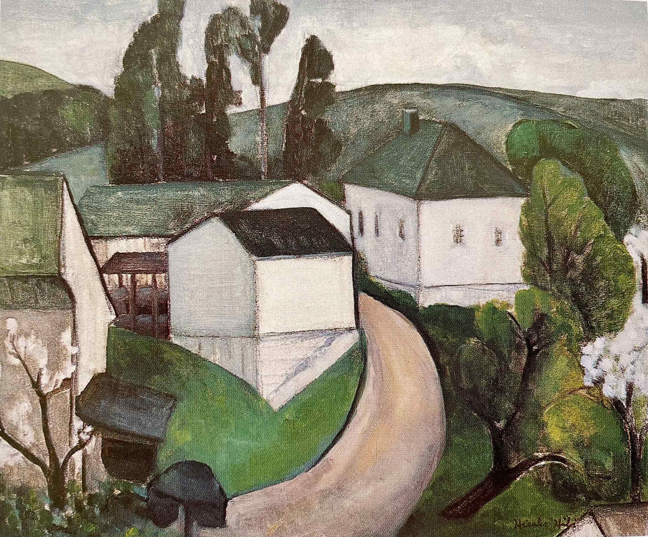 A painting entitled "Spring #2" by Hisako Hibi. It depicts a road going up into rolling green hills between white-walled homes surrounded by green trees.  